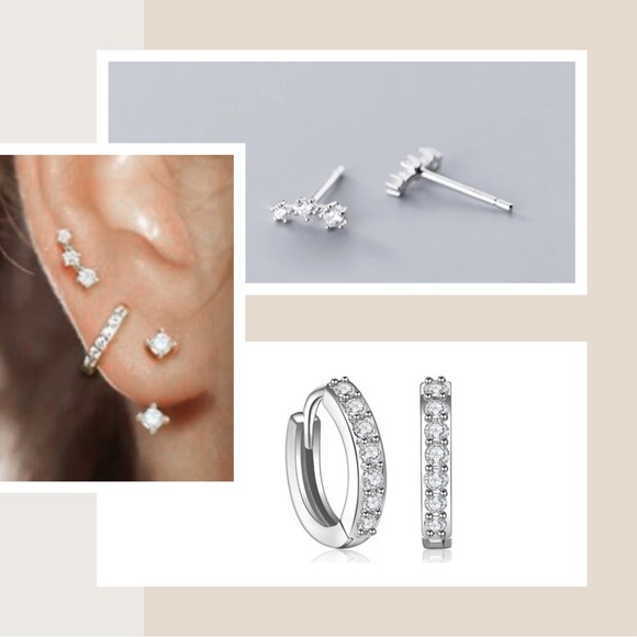 925 Sterling Earring Set: 2pc Earring Jacket, 2pc Huggie Hoops, 2pc Climbers - Picture 2 of 7